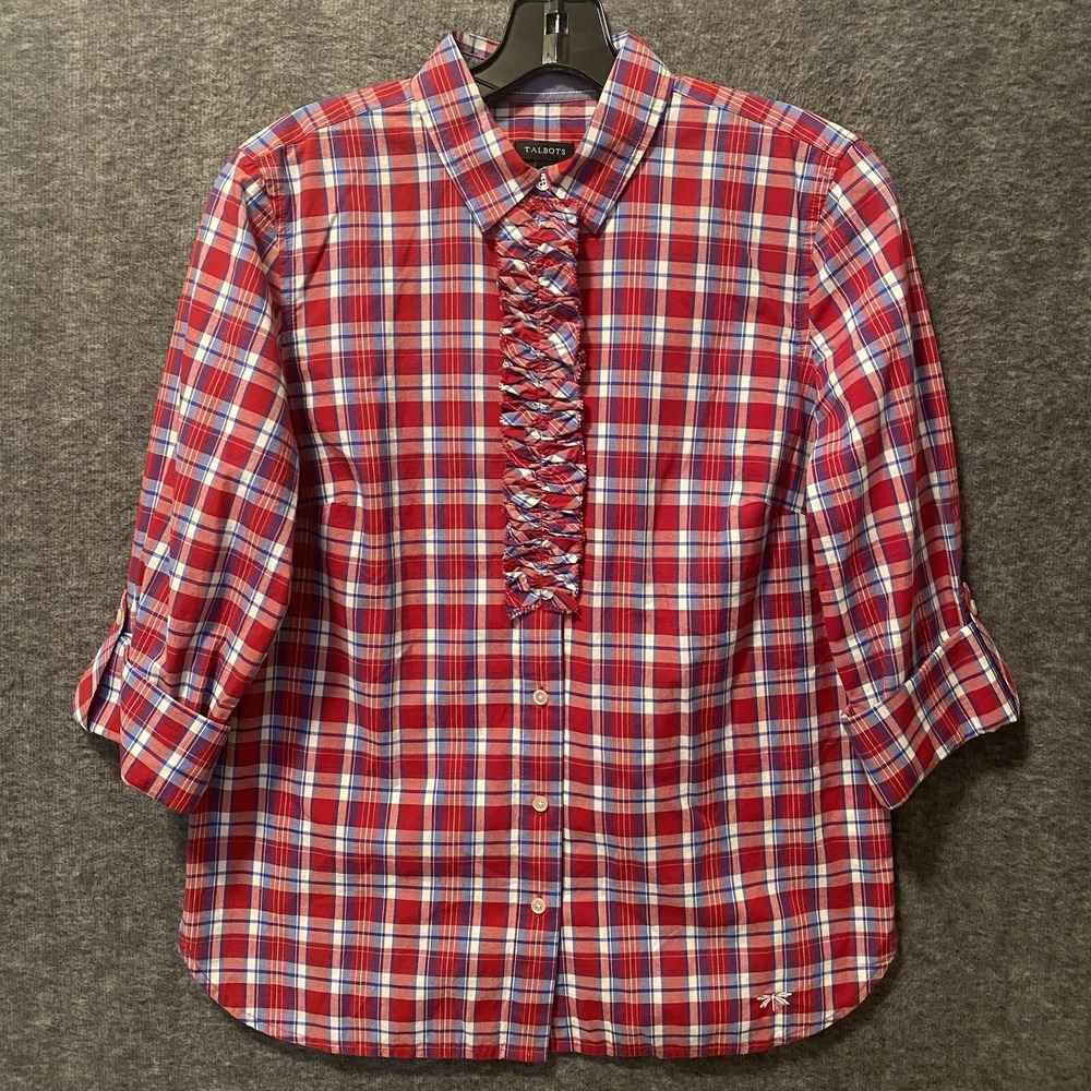 Talbots Top Women 6 Red Blue Plaid Roll Tab Button Up Shirt Blouse Career Office